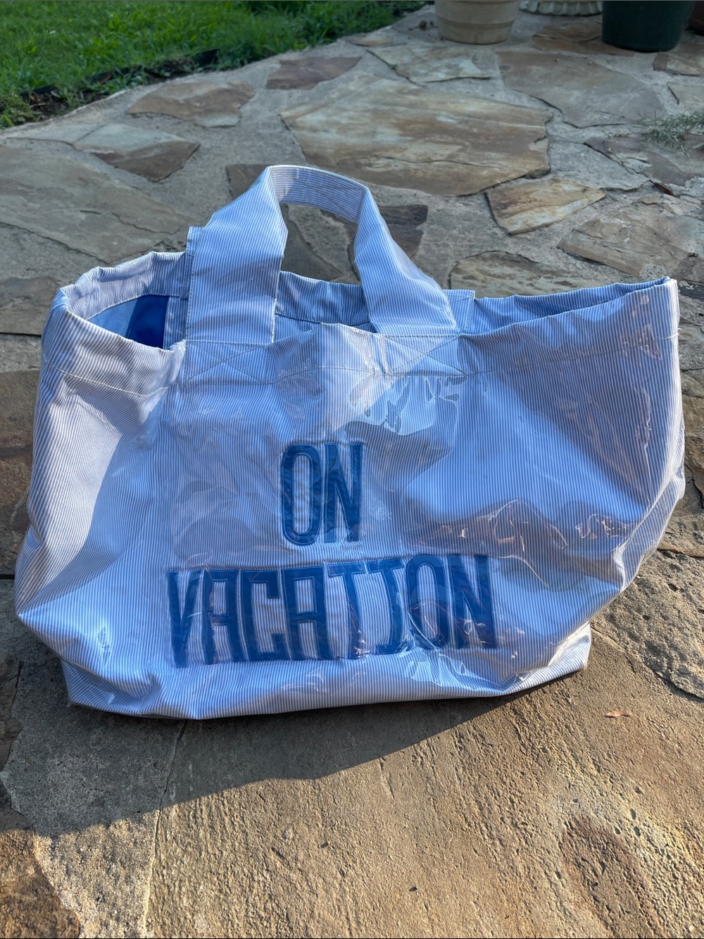 Walker Valentine Striped Canvas Tote Bag with 'ON VACATION' Text